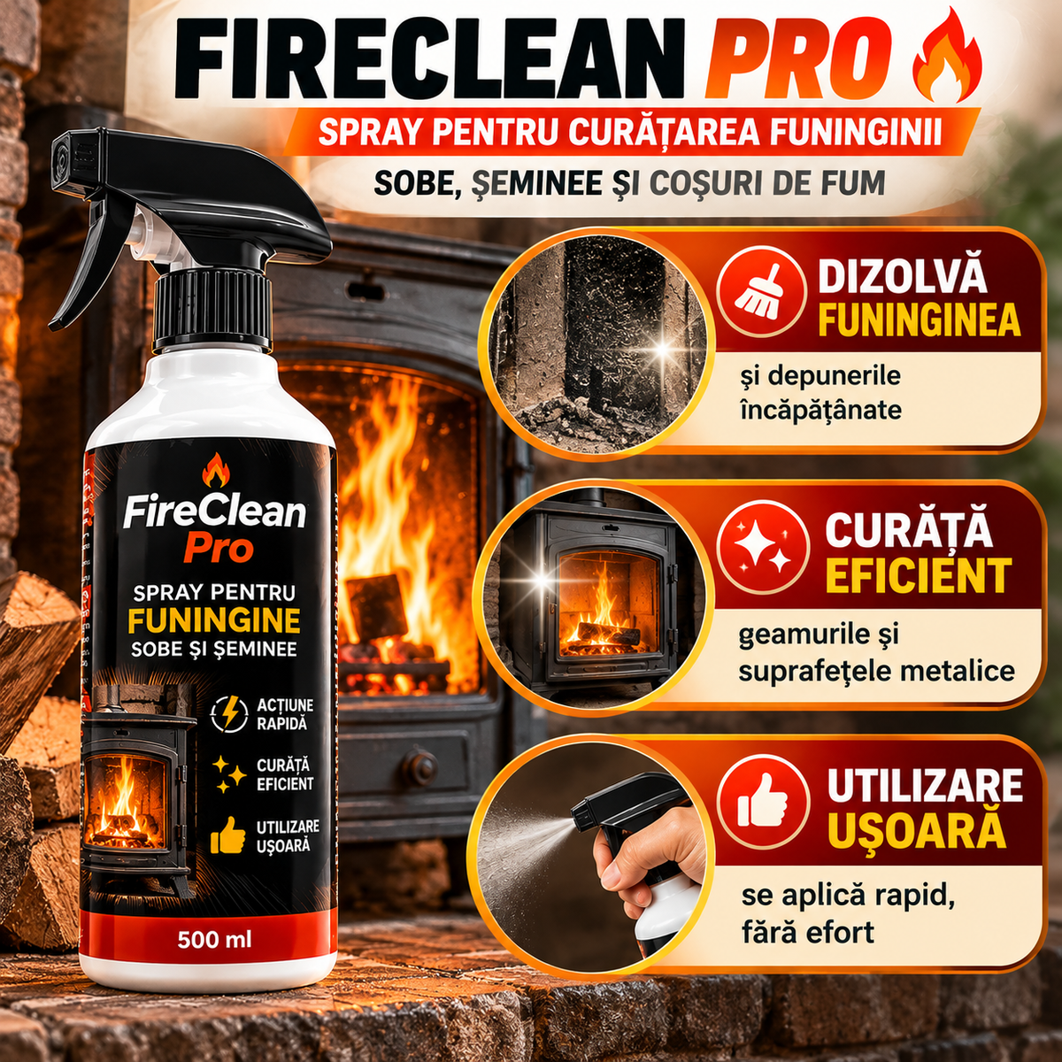 FireClean Pro™ - Scapă de funinginea încăpățânată și redă aspectul curat al sobei!